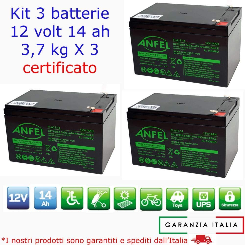 3 X BATTERIA RICARICABILE PIOMBO 36V 12V Volt 14Ah PER BICI ELETTRICHE 6DZM-