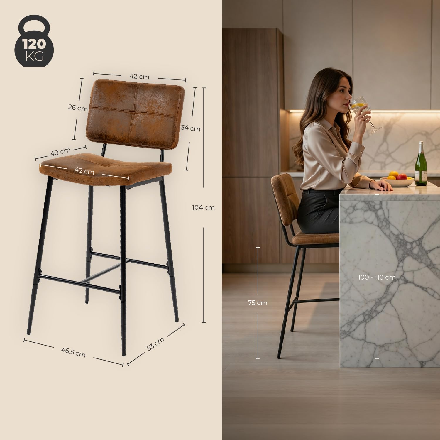 Meuble Cosy Lot de 2 Tabouret de Bar Industriel avec Dossier et Repose-Pieds, Siège Rembourrés de 75 cm de Haut, Chaises Hautes en Suédine Cadre en métal, Marron