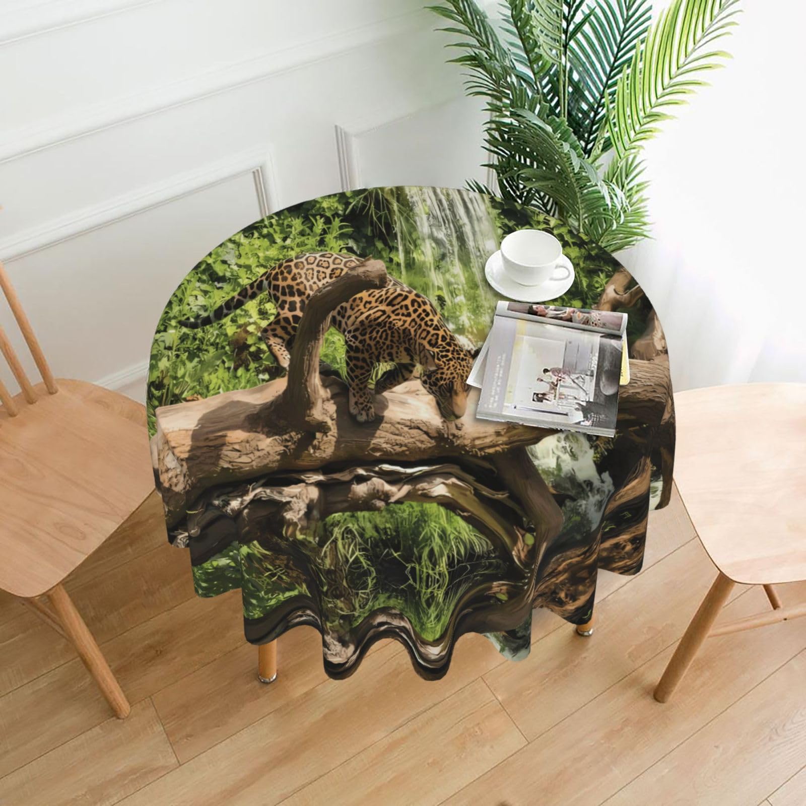 YYHWHJDE Panther on Tree Trunk Waterfall Prints Round Decorative Tablecloth 60in - High-Grade Polyester Throw for Elegant Dining & Festive Gatherings