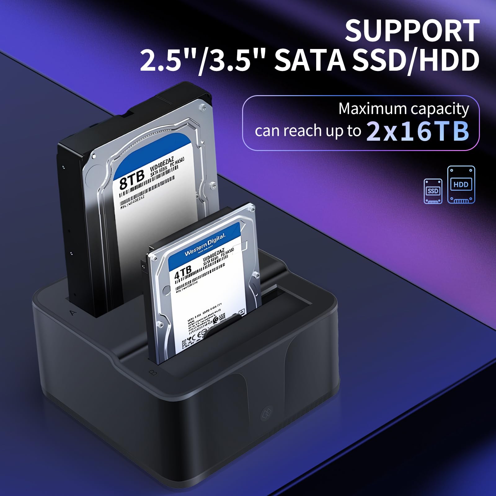 Docking station per dischi rigidi Dual Bay USB 3.0 in alluminio HDD SSD Dock con clonazione offline per SATA I/II/III, UASP 6Gbps, lettore di schede SD/TF, supporta 2x16TB di memoria