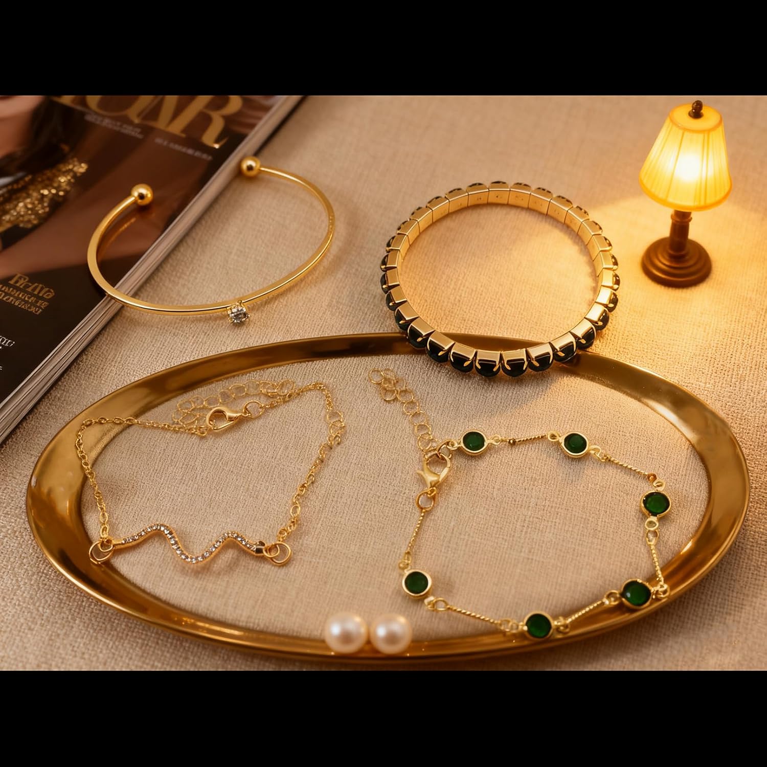 4Pcs Emerald Green Crystal Bracelet Set for Women, Gold Tone Stackable Rhinestone Cuff Bangle Chain Bracelets, Boho Layered Party Jewelry Gift - Image 6