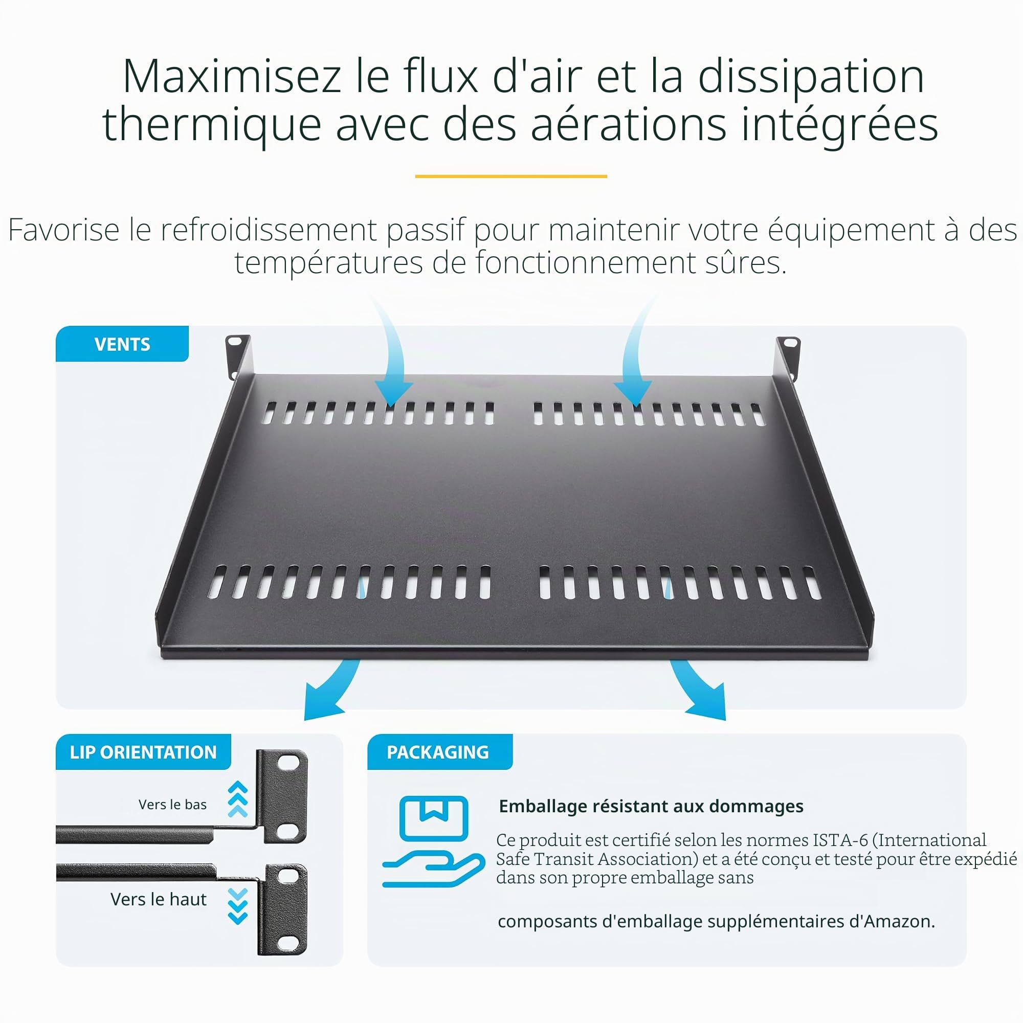 StarTech Lot de 2 Étagères Cantilever Ventilées 1U, 20kg (CABSHELF116V2PK) | Plateau universel, Montage en rack, Armoire réseau, Acier robuste, Serveur