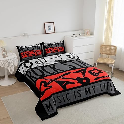 Miniatura 3 de Juego de ropa de cama con música rock y guitarra eléctrica, edredón de temática musical punk rock popstar, edredón y juegos de ropa de cama con