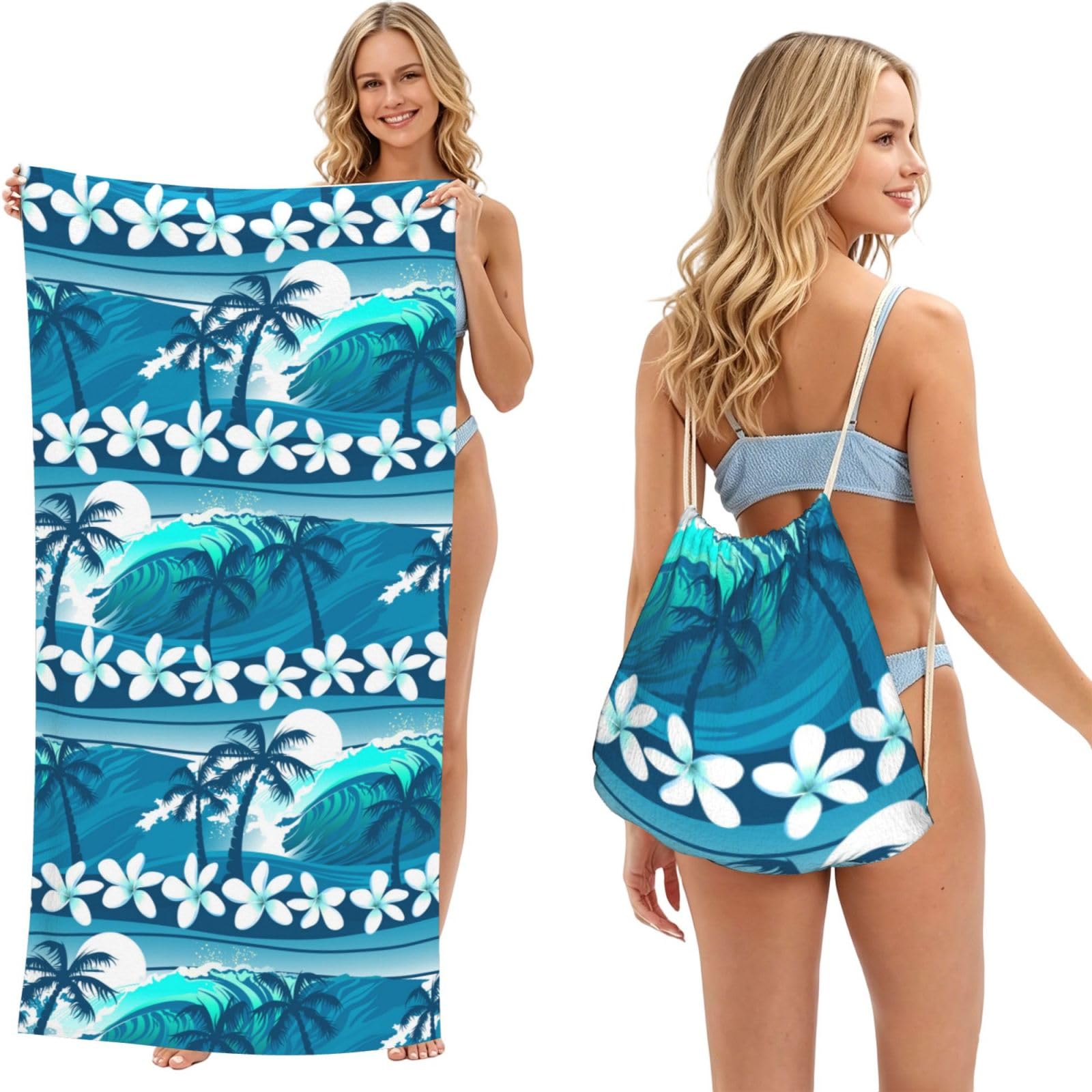Poadnly As Picture Blue Tropical Surfing With Palm Trees, 2 In 1 Packable Towel Bag, Beach Towels With Drawstring Backpack For Travel Holiday Camping