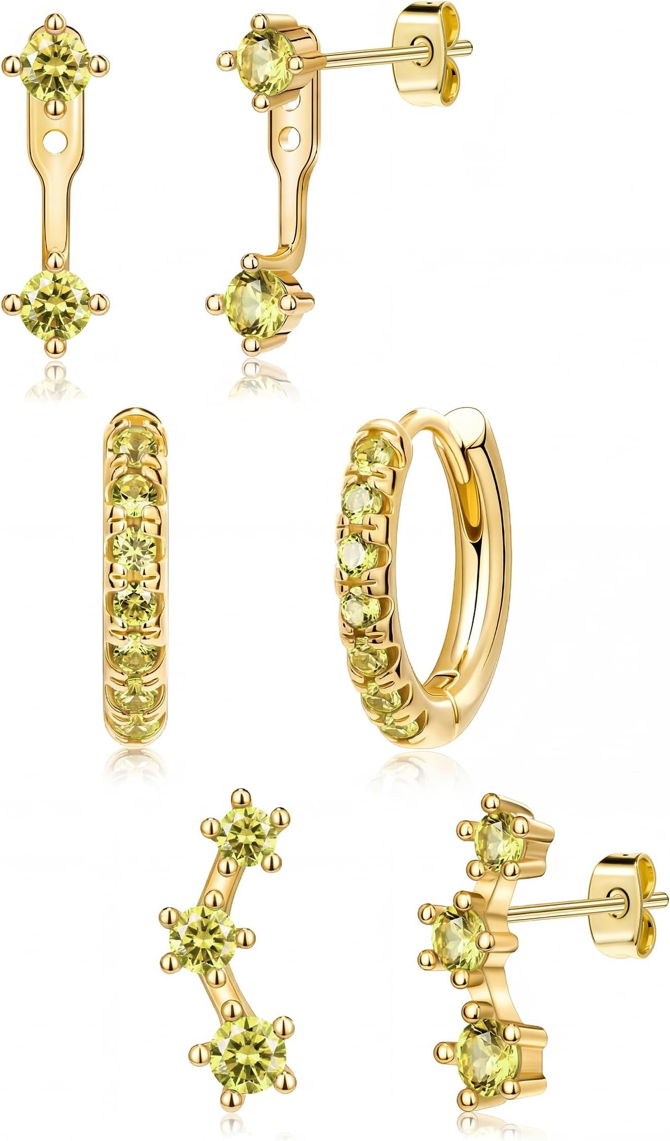 3 Pairs Dainty Small Earrings for Women Trendy, Birthstone Stud Huggie Hoop Jacket Stack for Cartilage Helix, Gold Plated Hypoallergenic Cute Women Fashion Accessories Western Jewelry Gifts