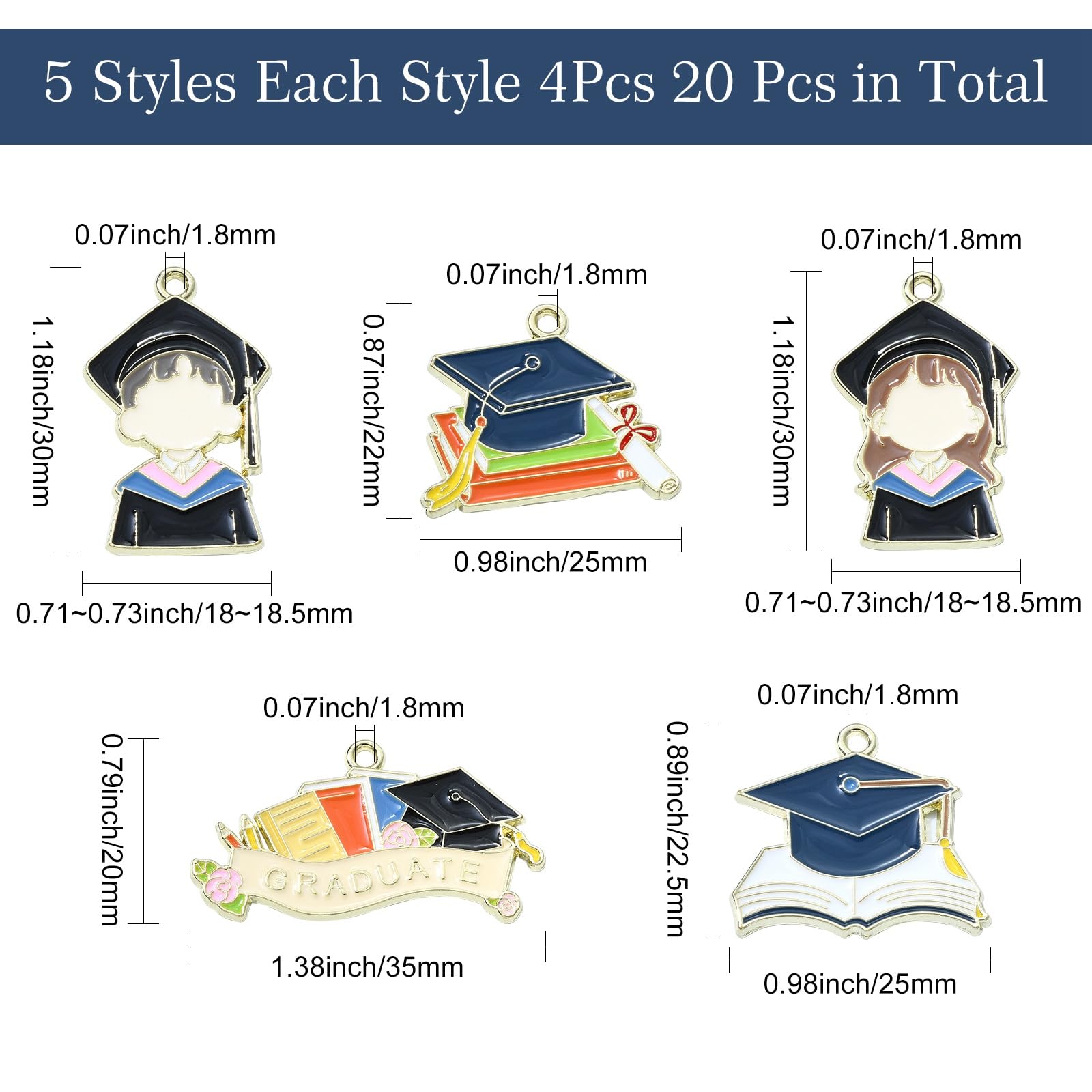 Stiesy 20Pcs 5 Styles Enamel Graduation Theme Charms Bachelor Hat Charm Pendant Graduation Cap Book Charms for Jewellry Making Bracelet Crafts Graduation Ceremony Gifts DIY - Image 2