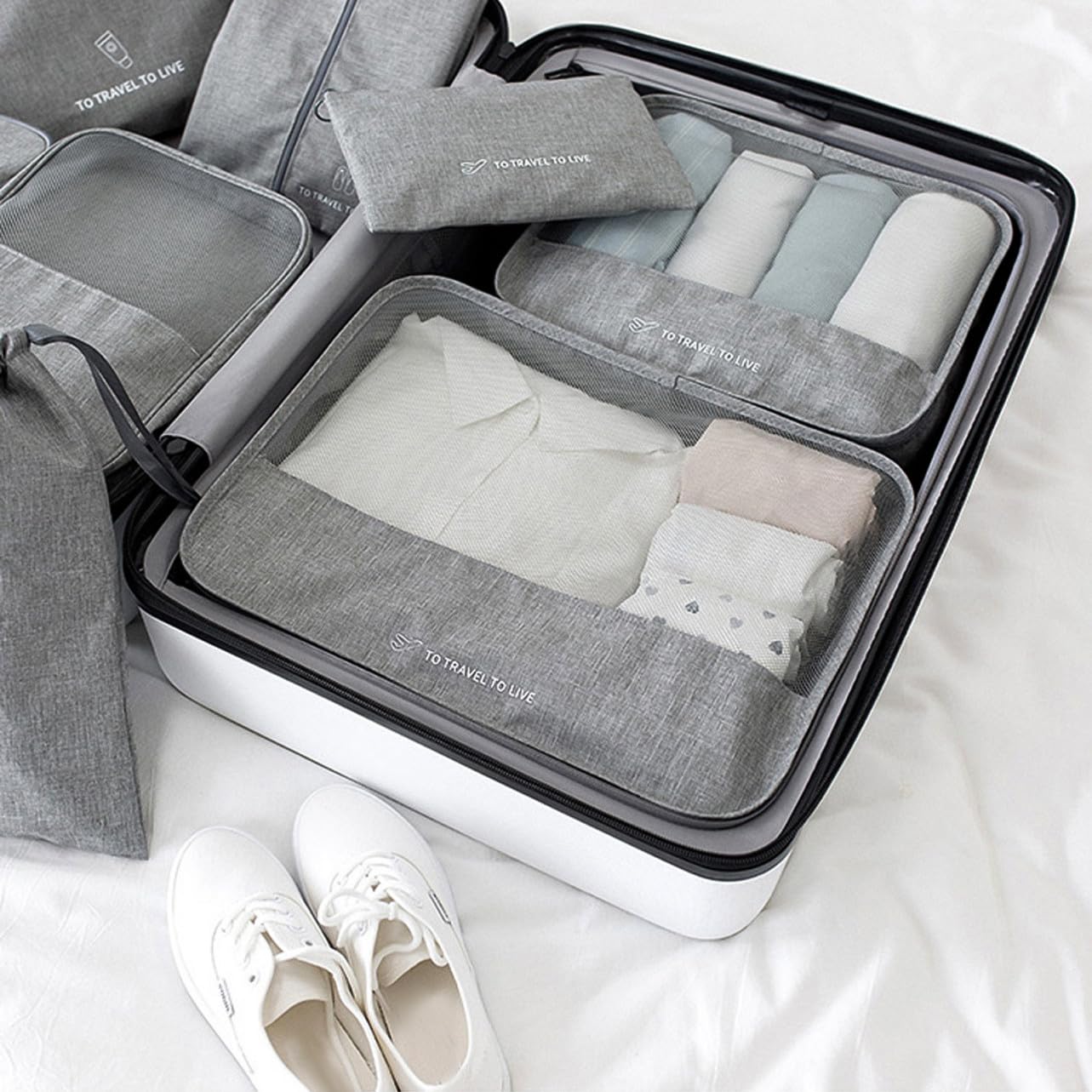 HEMOTON 7 pezzi Organizer da Viaggio in Tessuto con Zip Doppia Sacche Porta Abbigliamento e Intimo per Valigia per Business e Fine Settimana