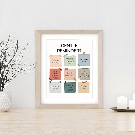 SWITHOM Gentle Reminders Wall Art - Mental Health Awareness Poster, Growth Mindset Classroom Decor, 8x10 Inch Unframed Positive Affirmations Print for School Counselor Therapy Office Calming Corner