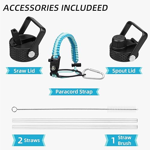 Miniatura 4 de BJPKPK Botellas de agua aisladas con tapa con pajilla, botella de agua de metal de 35 onzas con 2 tapas y correa de paracaídas, vasos de acero