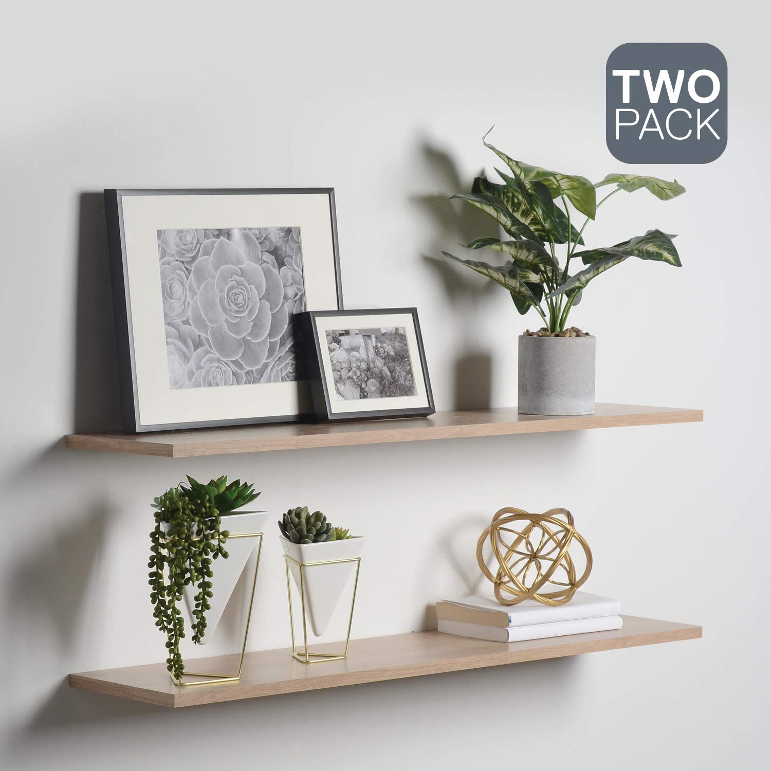 Delta Cycle & Home Wall Mounted Modern Floating Shelves, 2-Pack, Aveiro Oak - 36" Depth, 8" Length, 5" Thick, Holds Up to 33lbs - Durable Shelf with Invisible Bracket for Easy Installation