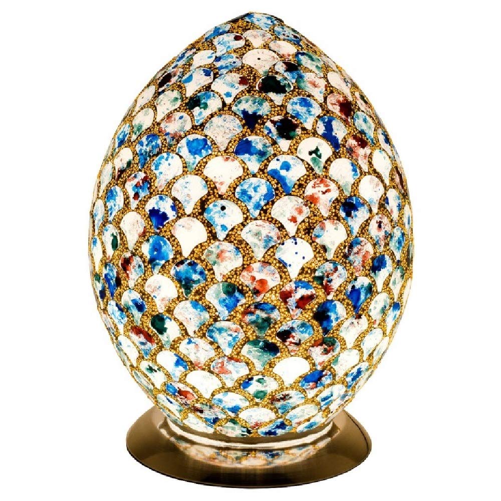 Britalia Blue Tile Mosaic Glass Vintage Egg Table Lamp 30cm | Chrome Base | 1 x ES E27 Bulb Required (Not Included) | Study - Bedroom - Lounge | Desk Light
