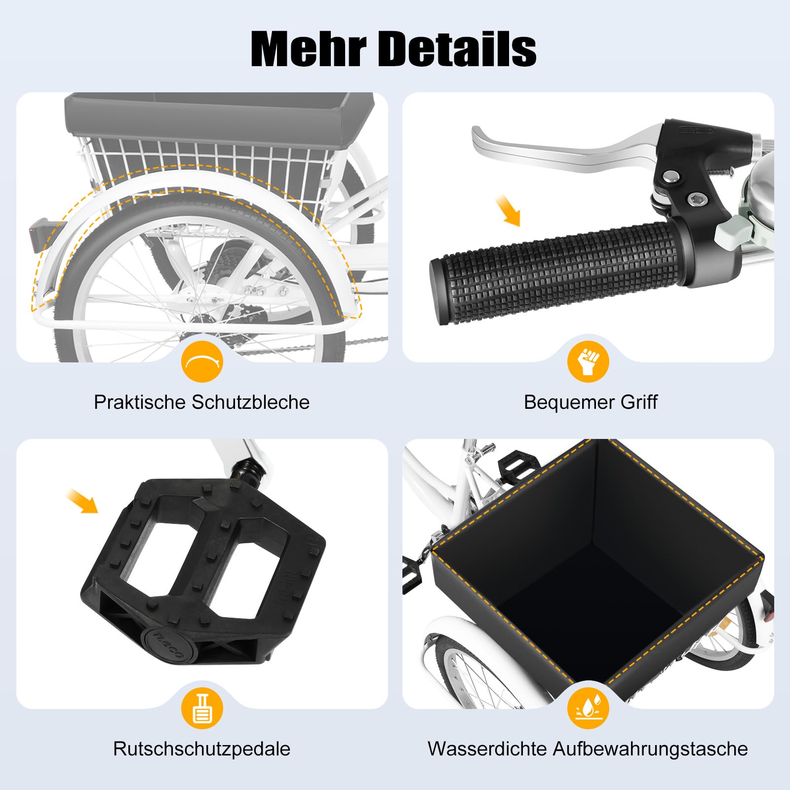 Triciclo de 20 pulgadas, bicicletas de tres ruedas con cesta plegable, 8 ajustes de velocidad, triciclos para hombre, triciclo para compras, ciudad, ocio, color blanco