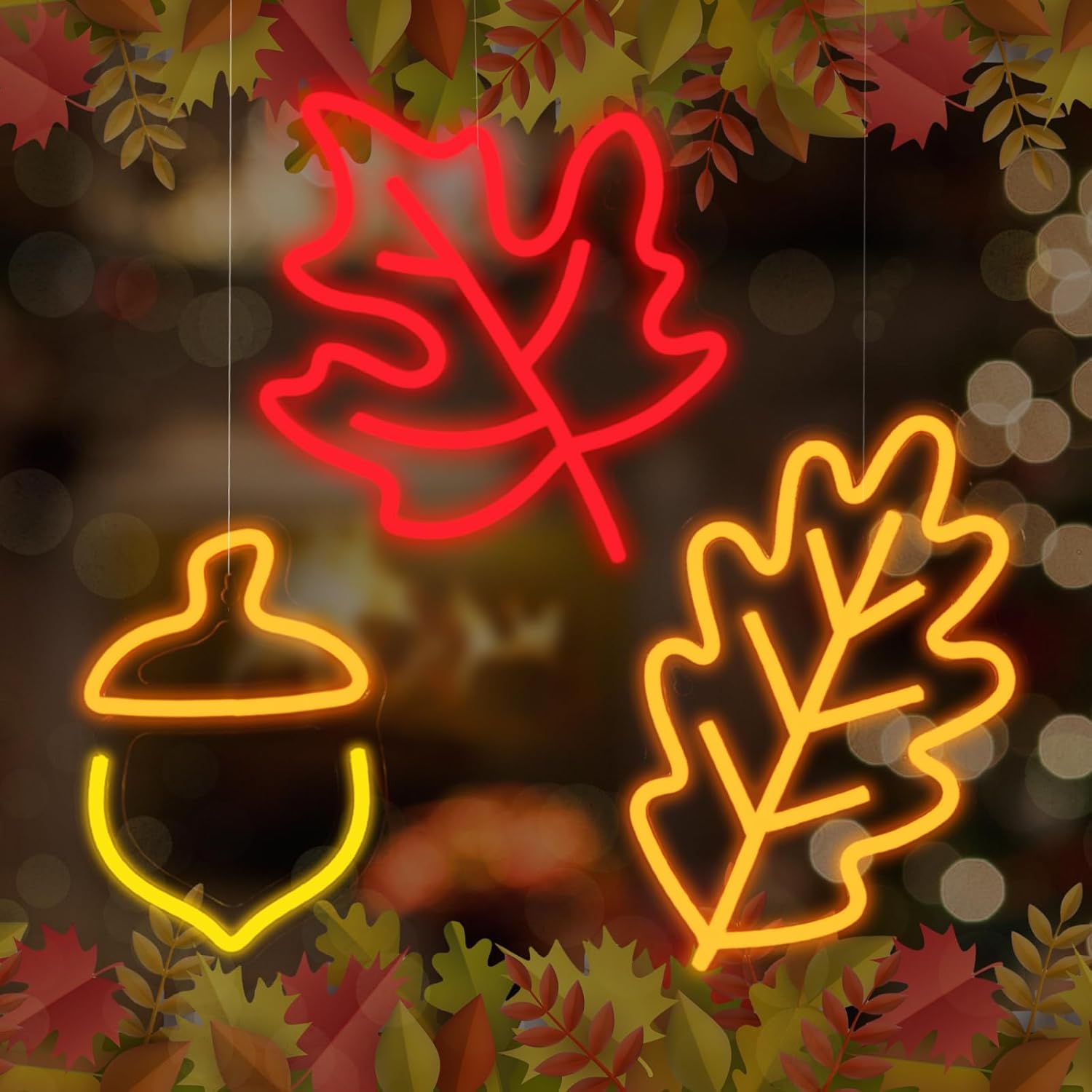 ROCEEI 3 Pcs 2025 Thanksgiving Neon Sign Fall Window Lights Autumn Decor Maple Leaf Acorn Neon LED Lights Thanksgiving USB Wall Bar Living Room Decoration for Autumn Party Holiday Bedroom Gifts