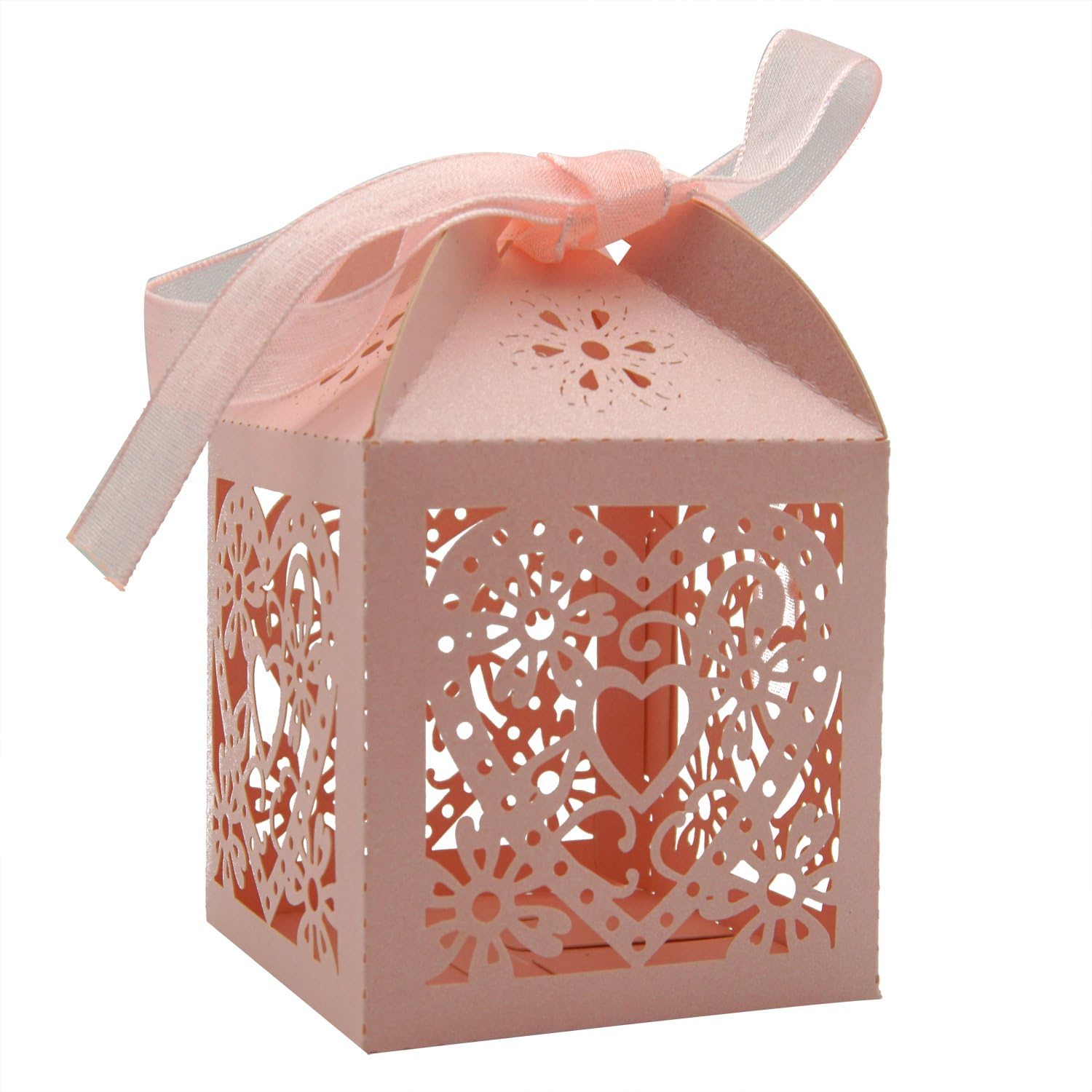 KPOSIYA 70 Pack Love Heart Laser Cut Wedding Party Favor Box Candy Bag Chocolate Gift Boxes Bridal Birthday Shower Bomboniere with Ribbons