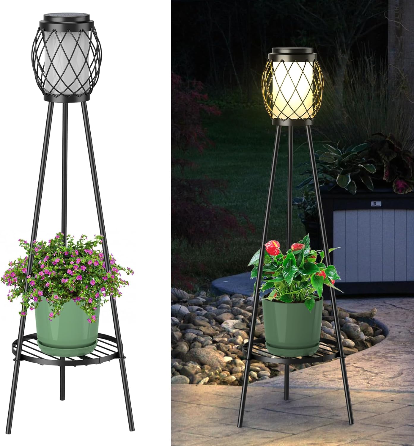 Solar Lights Outdoor with Plant Stands 2 Pack, Solar Floor Lamp Metal Tripod Patio Lights for Garden Yard Pathway Driveway Front/Back Porch Decoration-B- 2Pack Black - Single shelf