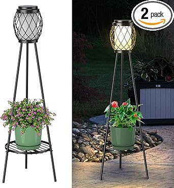 Solar Lights Outdoor with Plant Stands 2 Pack, Solar Floor Lamp Metal Tripod Patio Lights for Garden Yard Pathway Driveway Front/Back Porch Decoration
