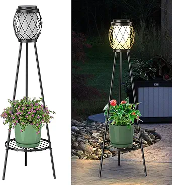MXwcy 2-in-1 Solar Lights Outdoor with Plant Stand, Waterproof Vintage Solar Floor Lamp & Metal Planter Holder, Tall Geometric Lantern Tripod for Patio, Garden, Yard, Porch Decor (2 Pack)