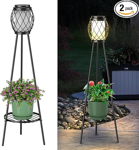 Solar Lights Outdoor with Plant Stands 2 Pack, Solar Floor Lamp Metal Tripod Patio Lights for Garden Yard Pathway Driveway Front/Back Porch Decoration