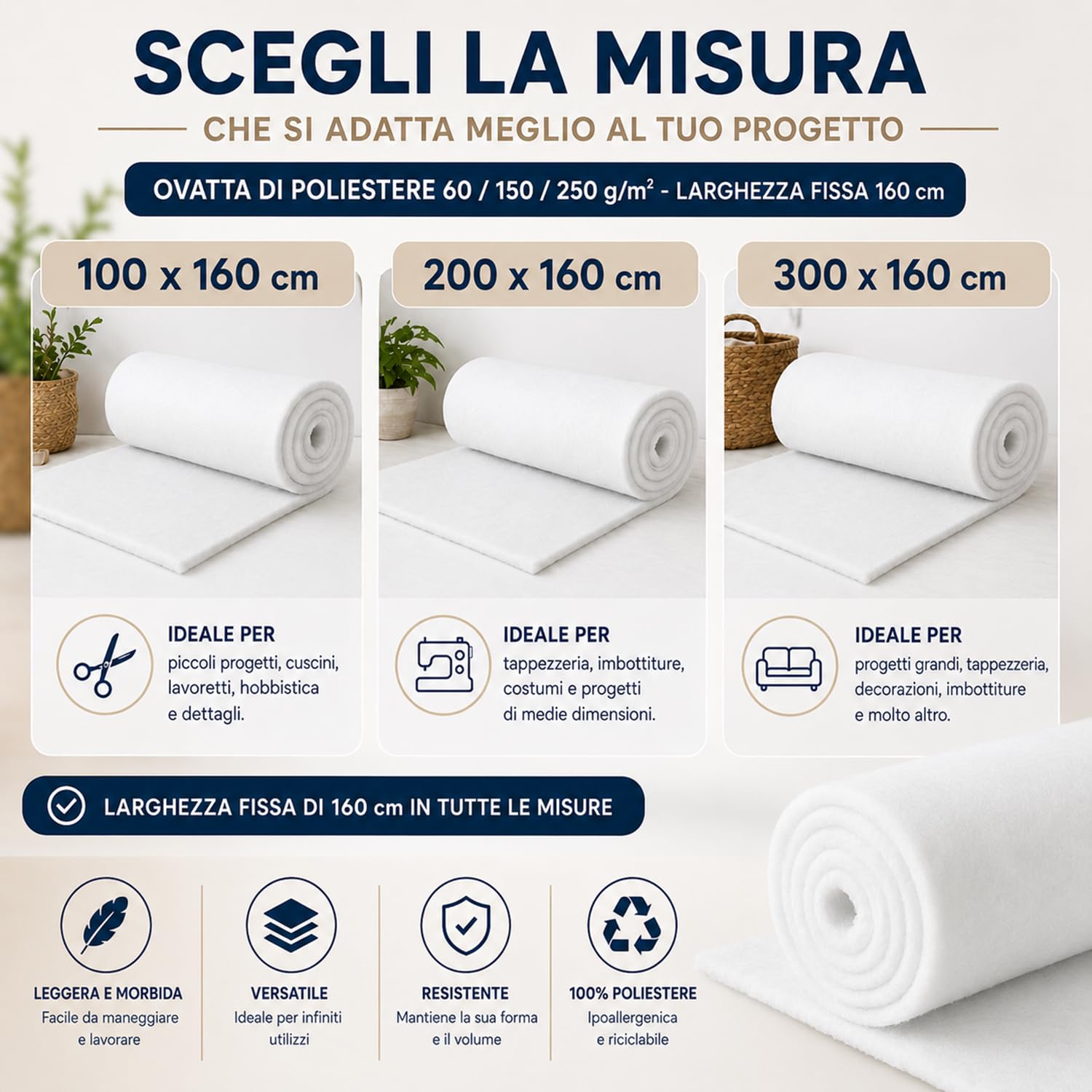 Ovatta Imbottitura in Poliestere 150 g/m² 160 cm di Larghezza, Vendita al Metro, Morbida e Leggera, Tappezzeria, Cuscini, Trapunte, Cucito e Hobby Creativi (Bianco 150 g/m², 100 cm x 160 cm)