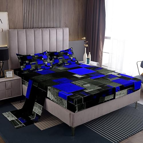 Feelyou Juego de sábanas para niños, color azul y negro, tamaño individual, juego de sábanas geométricas de cuadrícula geométrica con sábana bajera