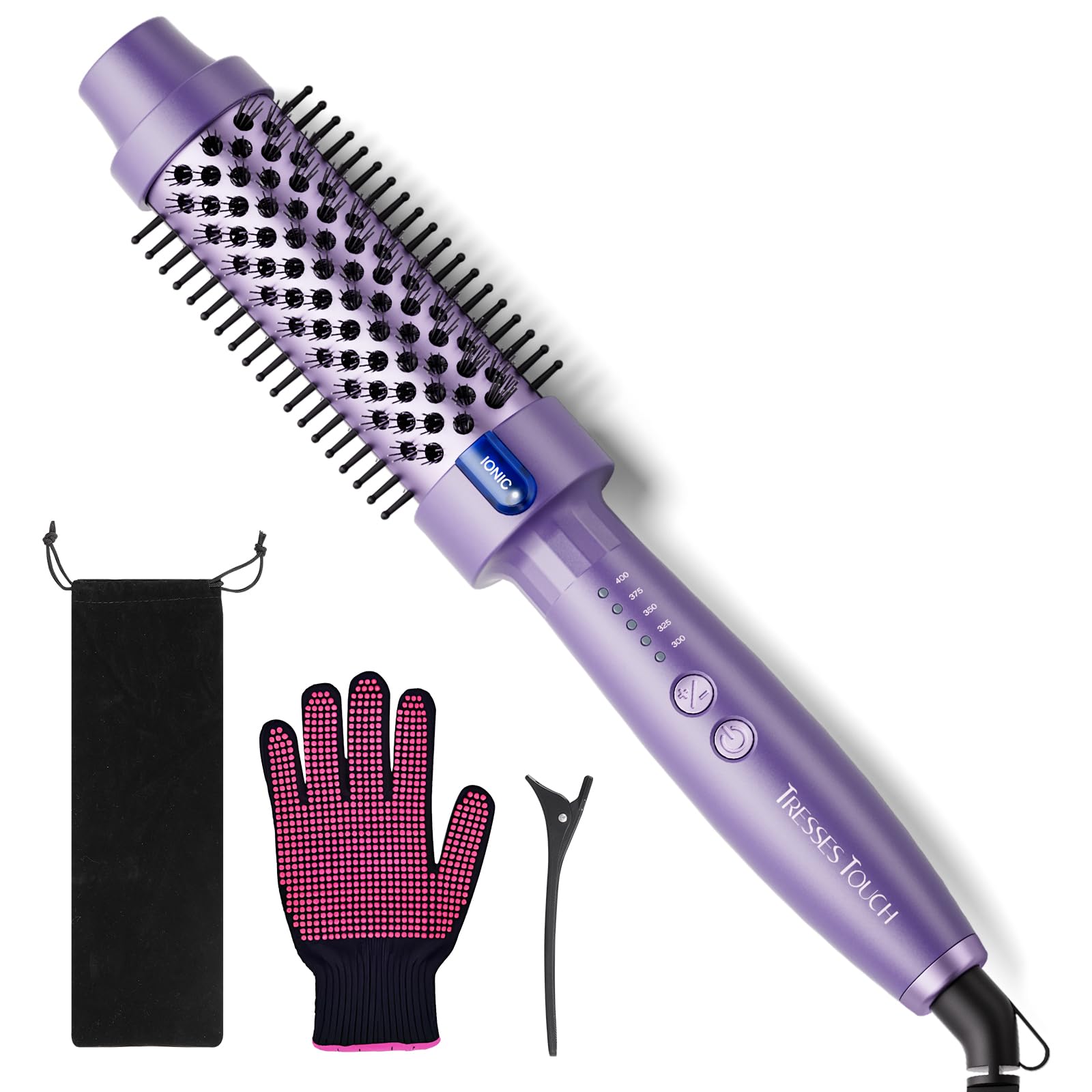 Tresses Touch 1.5 Inch Thermal Brush Blowout with 5 Temp Settings, Universal Voltage Hair Curling Iron, Ceramic Ionic Thermal Round Curling Brush