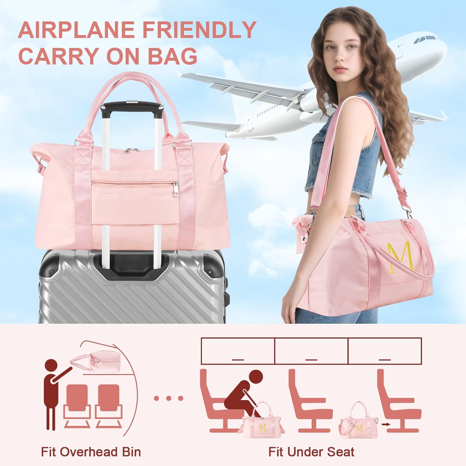 Personalized Initial Gym Dance Bag, Travel Duffel Bag for Teen Girls, Carry On Bag Overnight Weekender Bag with Trolley Sleeve, Birthday Gifts for Women Mom Daughter Graduation Gift(Letter M, Pink) - Image 3