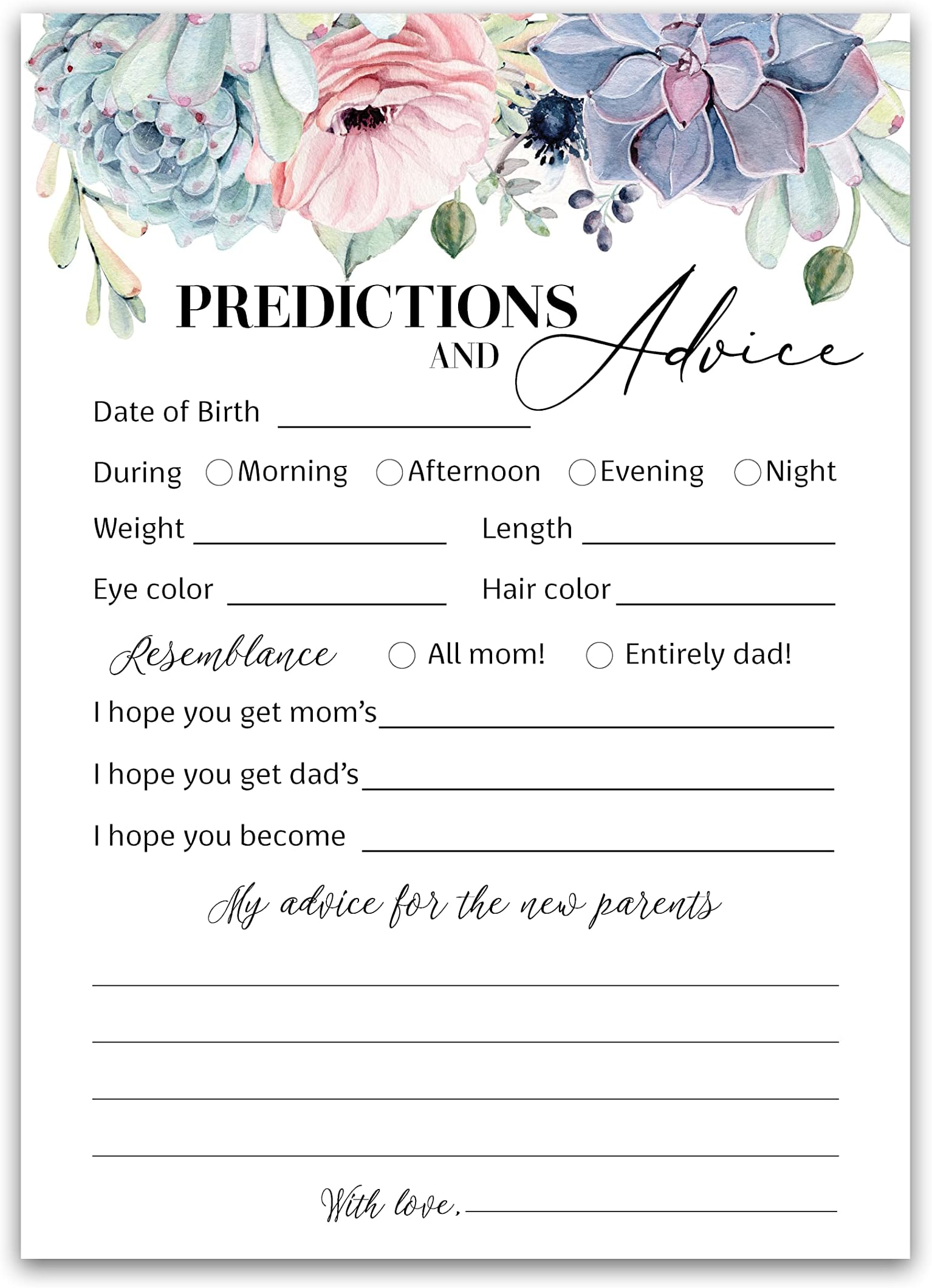SUCCULENTS Prediction and Advice Cards - Pack of 25 - GENDER NEUTRAL Baby Shower Games, New Parents Mom & Dad to be Mommy & Daddy Message, GREENERY Couples Coed Shower Activity Keepsake Book G301-PDAV