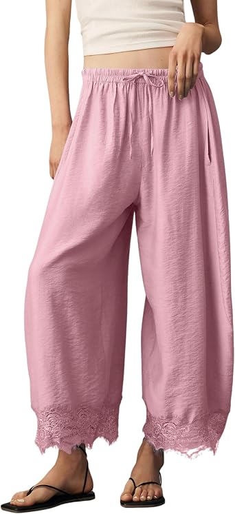 Lviefent Womens Wide Leg Pants Casual Elastic Waist Cropped Lace Hem Pants Summer Beach Trousers with Pockets Pink-S