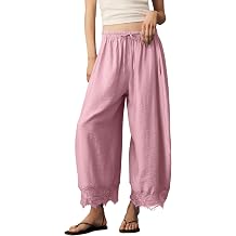 Lviefent Womens Wide Leg Pants Casual Elastic Waist Cropped Lace Hem Pants Summer Beach Trousers with Pockets Pink-S