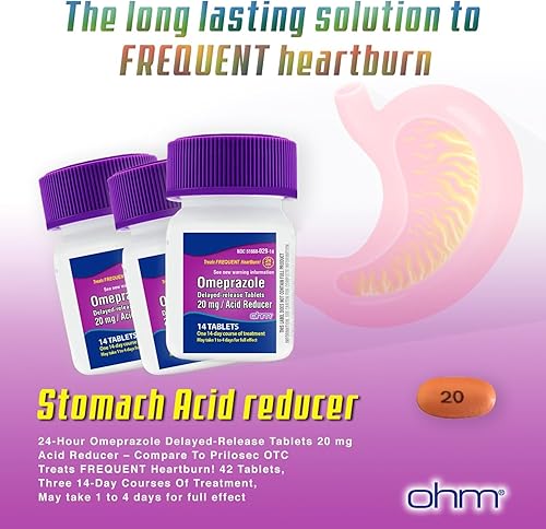 Vista 14 de Ohm Omeprazol 20 mg, 42 tabletas de liberación retardada, reductor de ácido para acidez estomacal frecuente, medicamento de alivio de la acidez