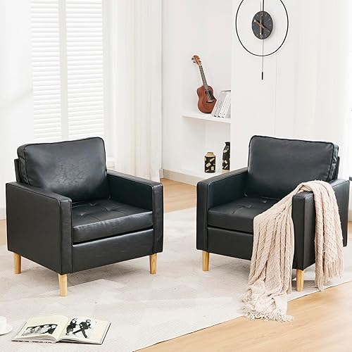 STHOUYN Juego de 2 sillas decorativas de piel sintética negra, sillas pequeñas para sala de estar, dormitorio, cómoda silla de lectura para adultos,