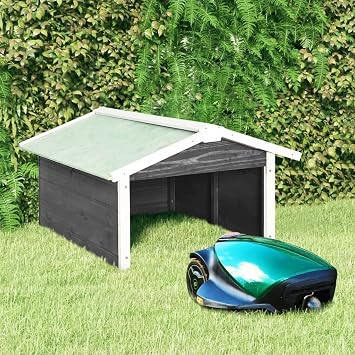 SKM Robotic Lawn Mower Garage 28.3x34.3x19.7, Wooden Lawn Mower Garage for Outdoor Gray and White Firwood