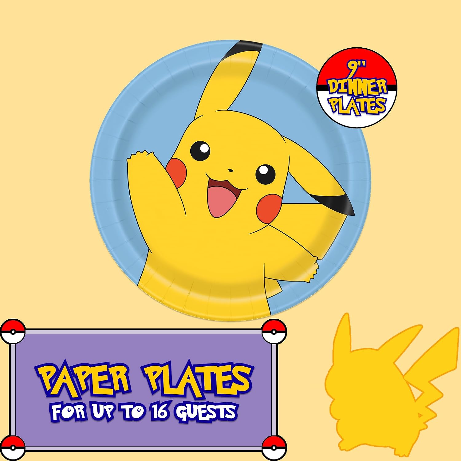 Unique Pokémon Party Supplies | Dinner Plates | Serves 16 | Officially Licensed | Plates | Birthday Tableware For Kids Parties, Pizza Nights, Snack Tables, Easy Cleanup