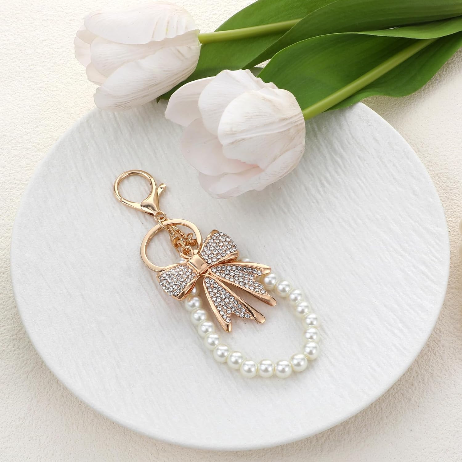 2 Pcs White Rhinestone Bowknot Keychain Imitation Pearl Chains Sparkly Bow Purse Charm Bag Charms for Handbags Purse Backpacks Handbag Charms Keychain Accessories for Women