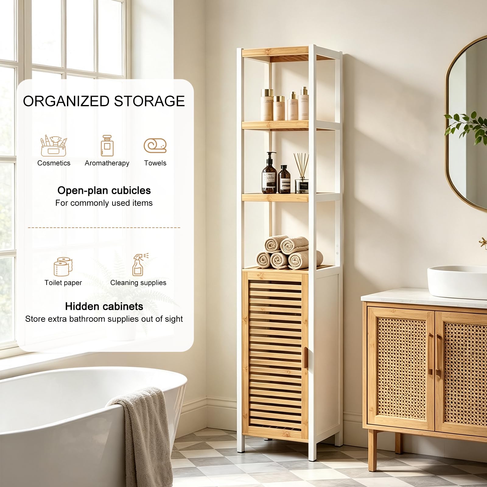 Badezimmerschrank Schmal, Badregal Bambus mit 3 Offene Fächern und Schrank, Hochschrank Bad 33x33x165cm, Toilettenschrank für Badezimmer, Wohnzimmer, Küche