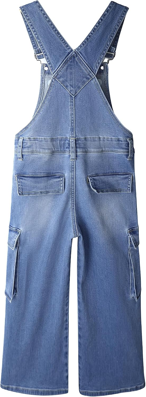 KIDSCOOL Girls Wide Leg Cargo Denim Overalls Flap Pockets Jeans Jumpsuit