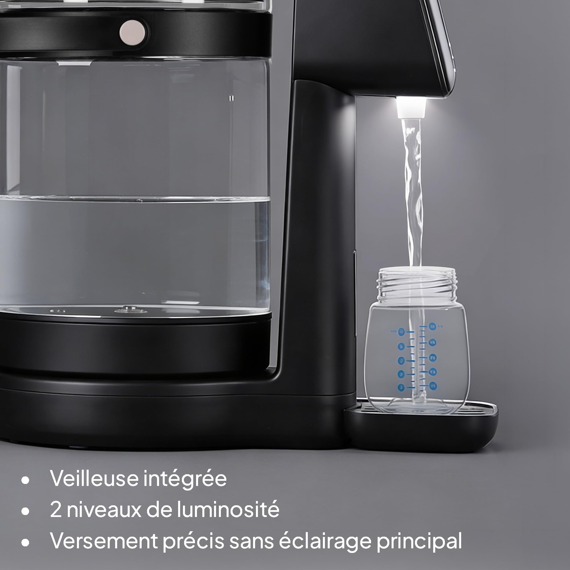 Lionelo Babypresto 2.0 Préparateur de Biberon Automatique, Noir | Chauffe-Eau Bébé 40-100°C, Dosage 30-300 ml, Réservoir en Verre 3 l, Mémoire, Écran LED, Mode Nuit et Lampe UV