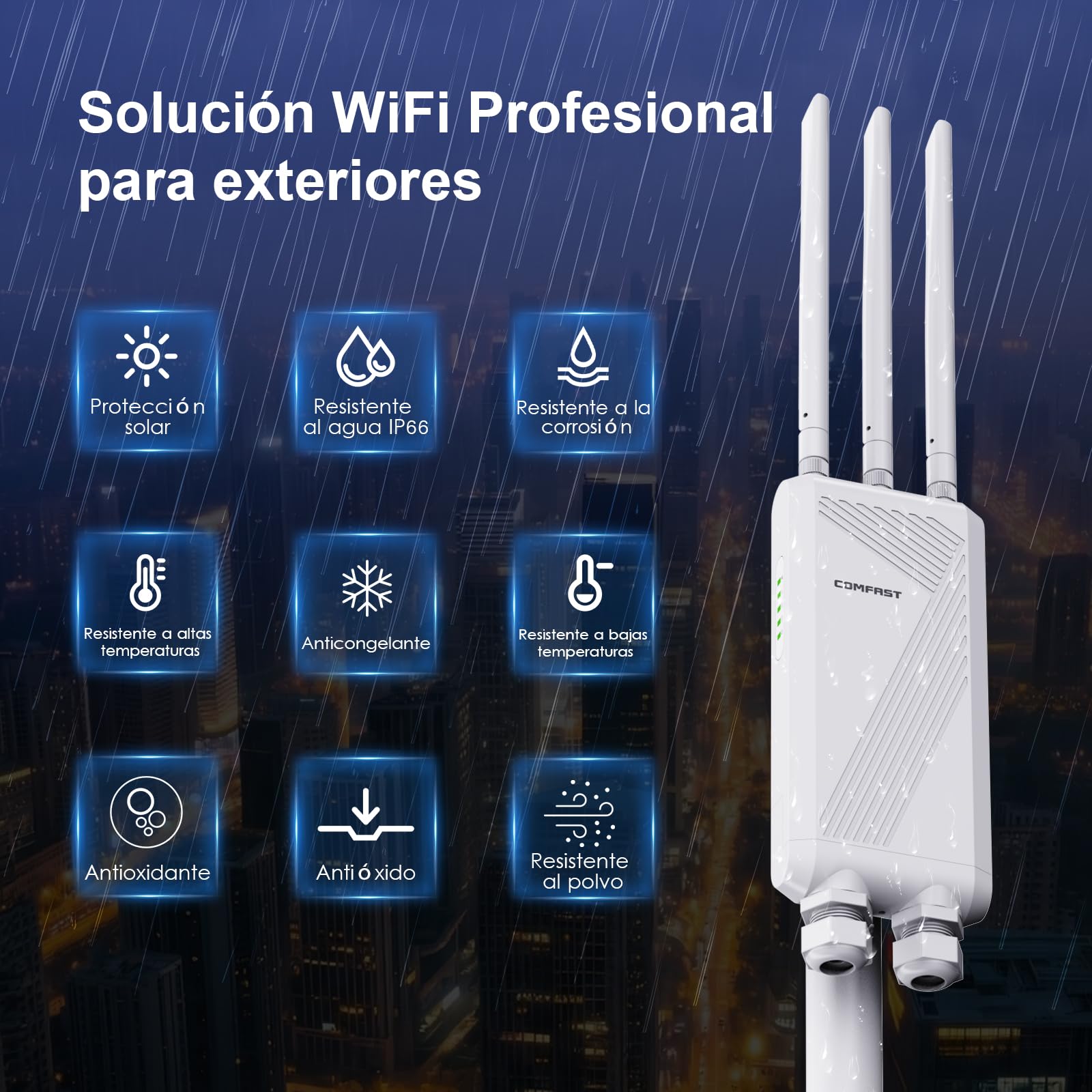 COMFAST BE3600 Amplificador de señal WiFi 7, Punto de Acceso Inalámbrico, Antena WiFi Exterior y Largo Alcance de Alta Potencia, IP66/PoE/3 Antenas para Granjas, Jardines, autocaravanas y campings