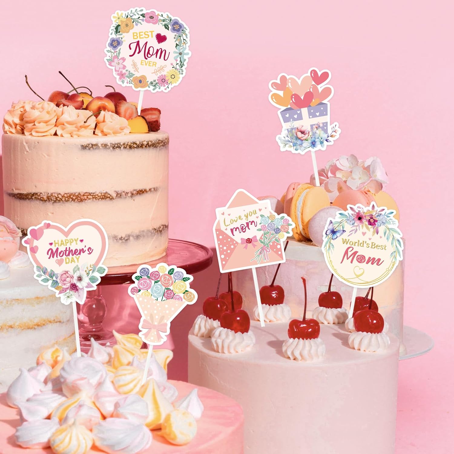 Happy Mother's Day Cake Toppers, 12 PCS Floral Cupcake Toppers for Flowers Bouquet Mothers Day Decorations Father's Day Birthday Party Supplies