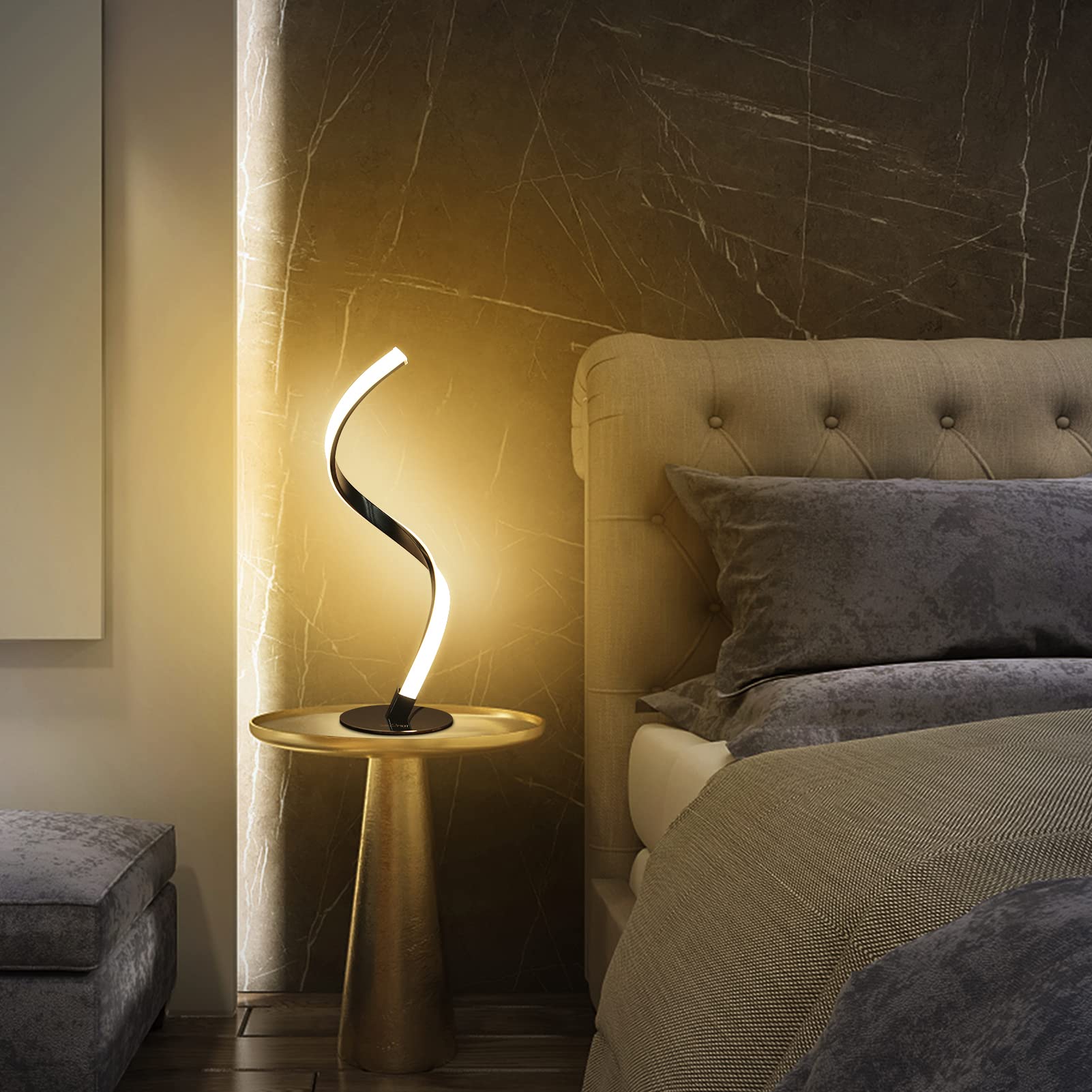 Neoglint Abat Jour da Comodino Moderne Dimmerabile, Spirale Lampade Comodino Camera, Touch Control, Decorativo Curvo Lampade da Tavolo LED per Camera da Letto Soggiorno (bianco argento, 42 cm)