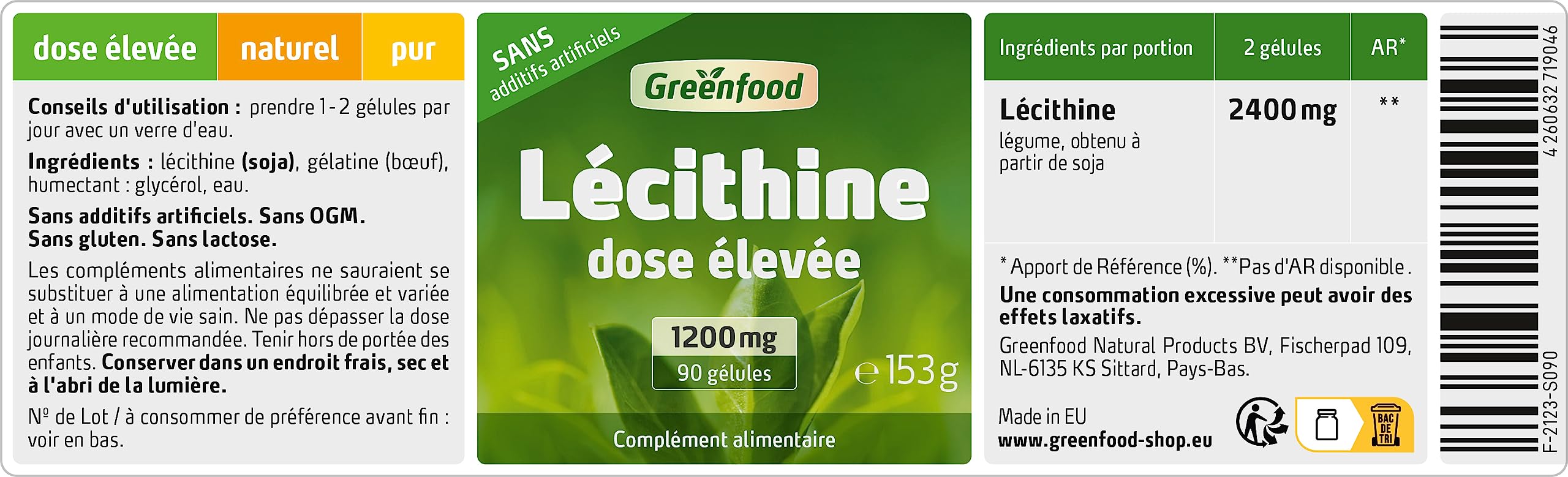 Greenfood Lécithine, 1200 mg, 90 gélules, doses élevées - Sans additifs artificiels. Sans génie génétique. Gélules softgel.