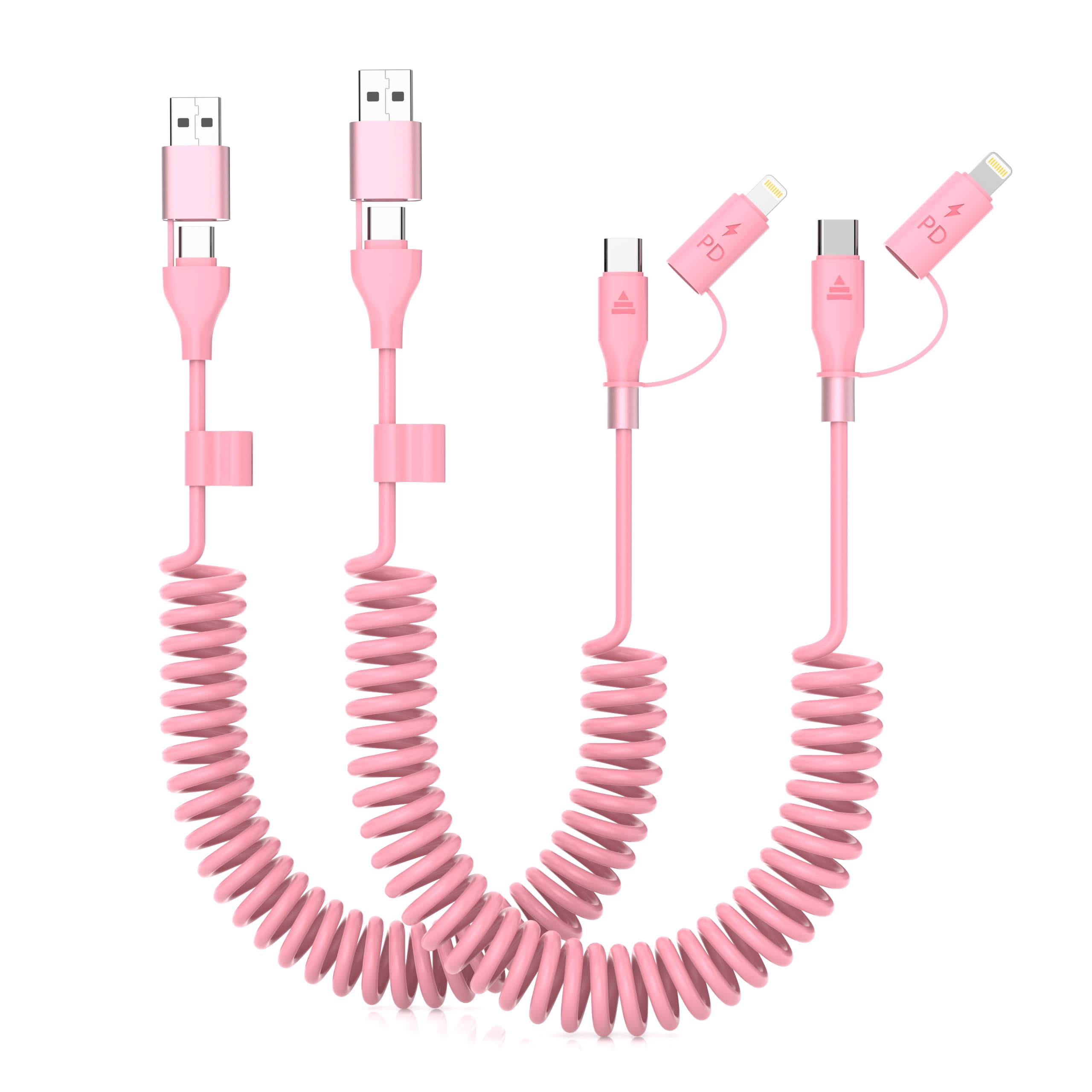 Coiled USB C and Lightning Cable,Pink Car Accessories Car Charger USB C 3FT iPhone 15 16 Carplay Charger Cord 60W Fast Charging Cable Short Cute