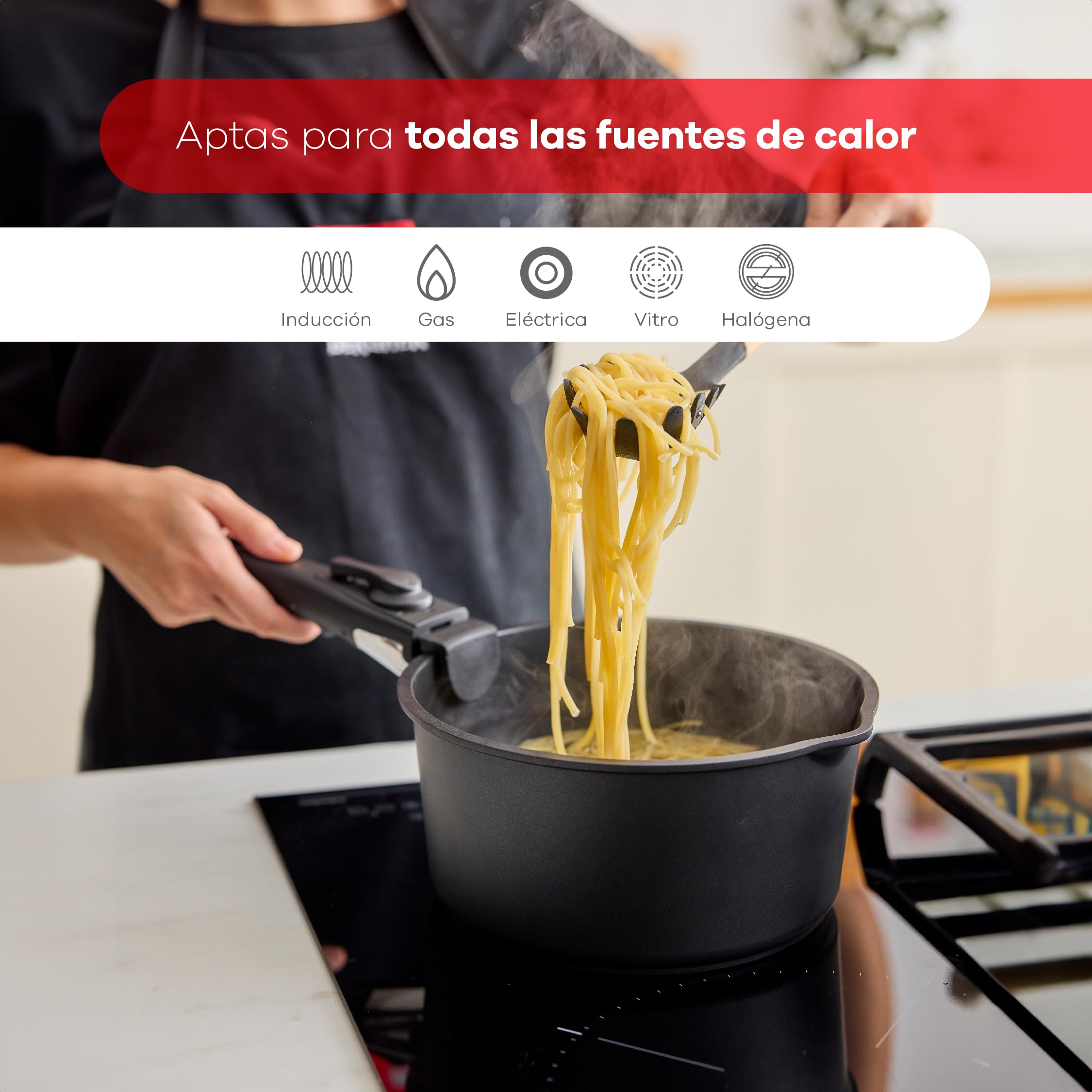 BERGNER, Set 10 PZS Pentole Easy Click nere, Padelle e casseruole con rivestimento antiaderente nero, Include coperchio e utensili, Manico staccabile, Adatto a tutti i fornelli