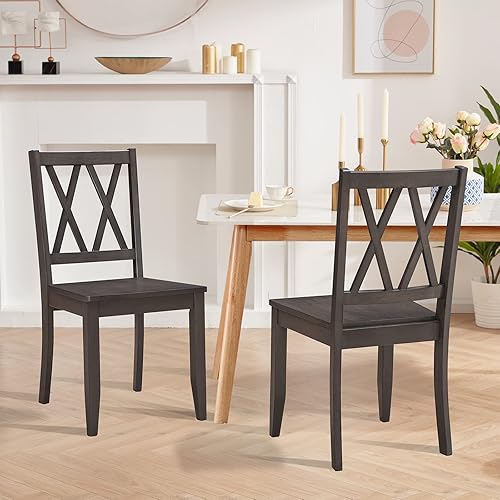 Miniatura 6 de Duhome - Juego de 2 sillas de comedor, de madera de goma con respaldo cruzado, sillas laterales de mesa naturales para cocina en casa, base gris