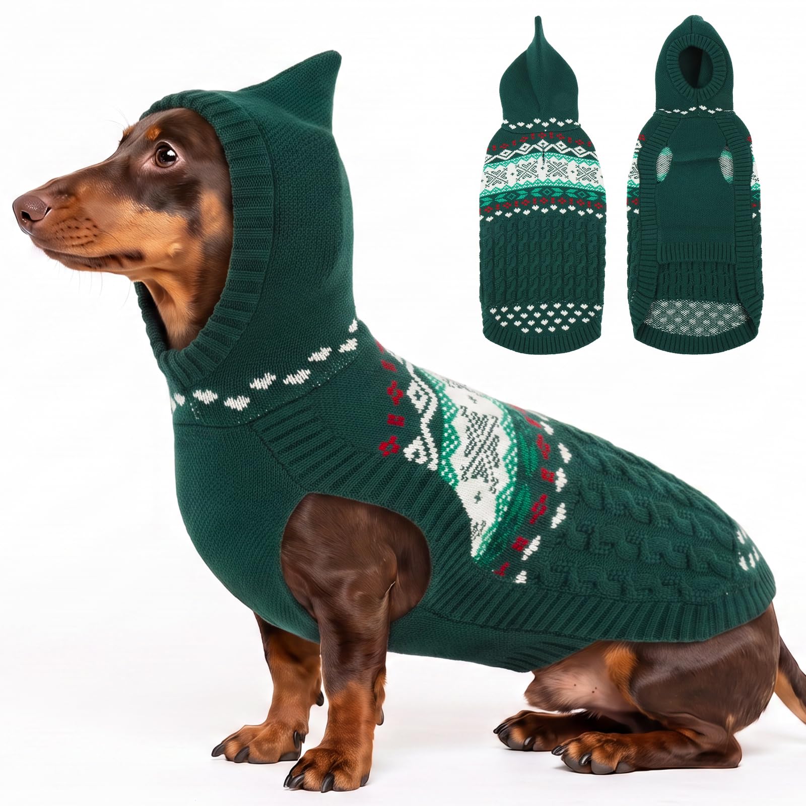Lelepet Dachshund Jumper, Knit Sausage Dog Sweater with Hood,Green L