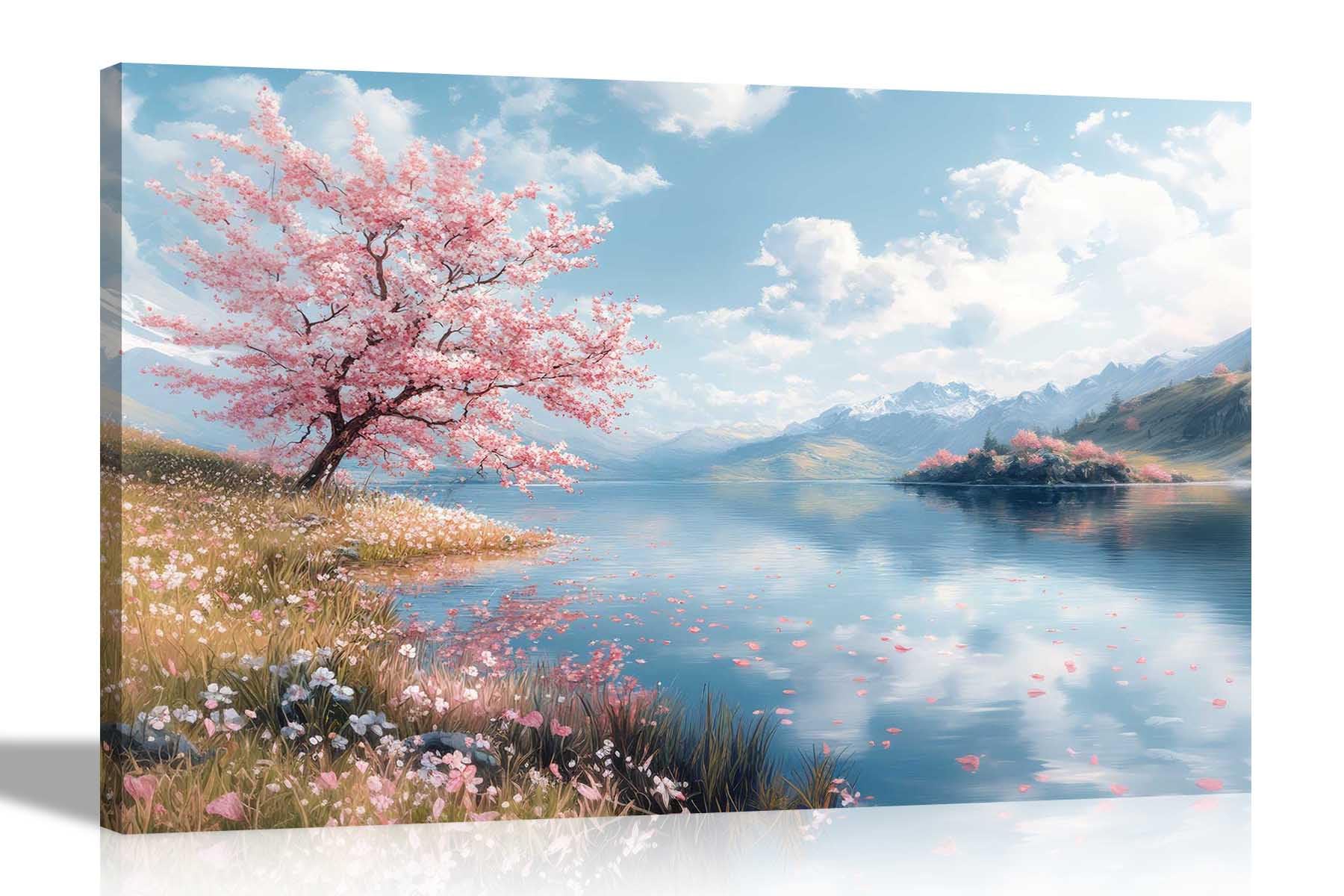 Artley Prints Mountain Lake Autumn - Autumn Lake Mountain Landscape Pink Tree Canvas Prints Framed Wall Art Scenery Pictures Home Office Living Room Large 86 X 61Cm (34 X 24 Inches) A1