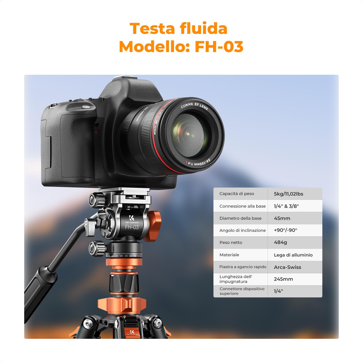 K&F CONCEPT Treppiede Fotocamera 202cm, Treppiede Video Professionale con Testa Idraulica, Treppiede da Viaggio in Alluminio, Cavalletto Fotografico con Monopiede Smontabile, Portata 5kg, K234A7