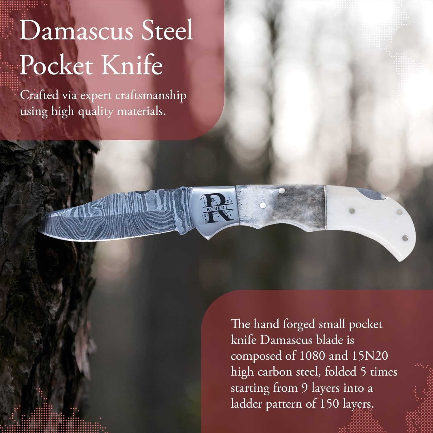 Morf Steelware Customized Damascus Steel Pocket Knife Handmade Folding Knives Small Pocket Knife for Outdoor, Camping, Hiking Back Lock Blade Made of Authentic Damascus Steel