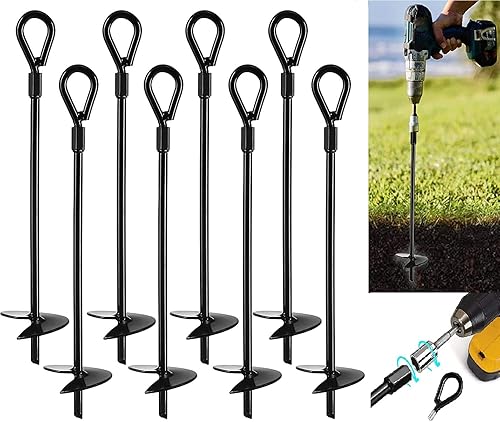 VASGOR Anclajes de tierra de 20 pulgadas (8 piezas) fáciles de usar con taladro, diámetro de hélice de 3 pulgadas, gancho de anclaje resistente para