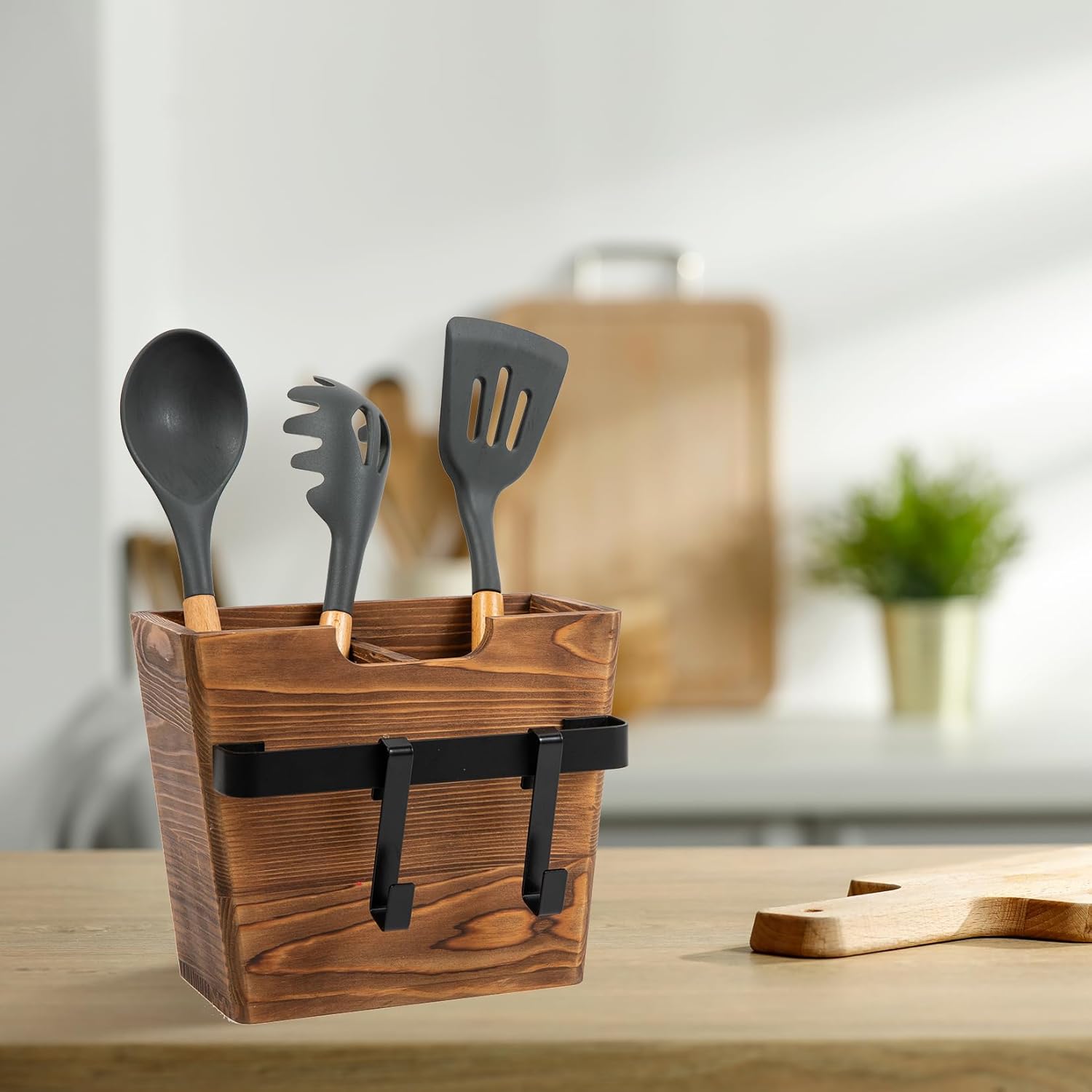 Vintage Brown Wood Wall Mounted Kitchen Tool Holder Cooking Utensils Metal Towel Bar Side Hanging Hooks Dual Compartments Freestanding Rustic Wooden Rack Dishcloth Spatula Serving Spoon Knife